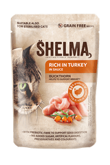 SHELMA karma dla kotów - duszone filety z indyka z rokietnikiem, 28x85 g